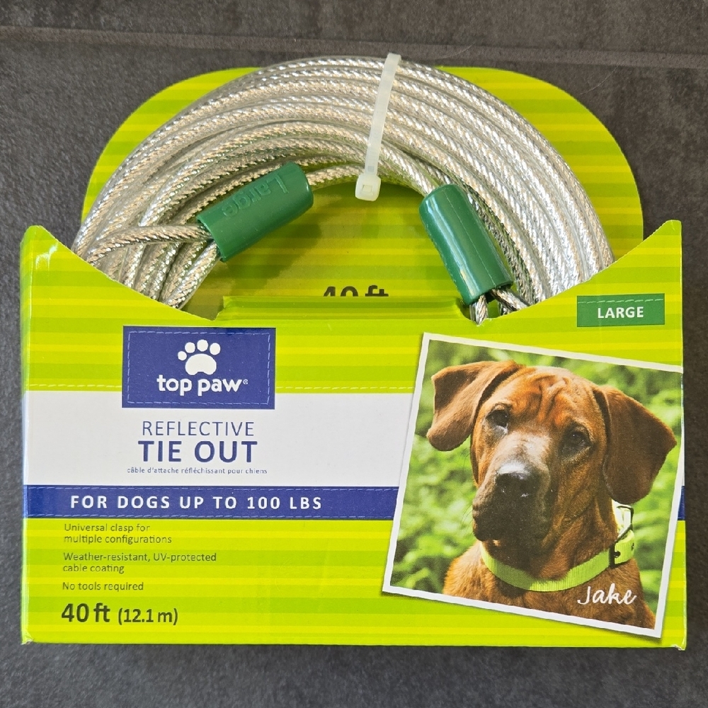 Top Paw Reflective Dog Tie Out - Green & Silver.